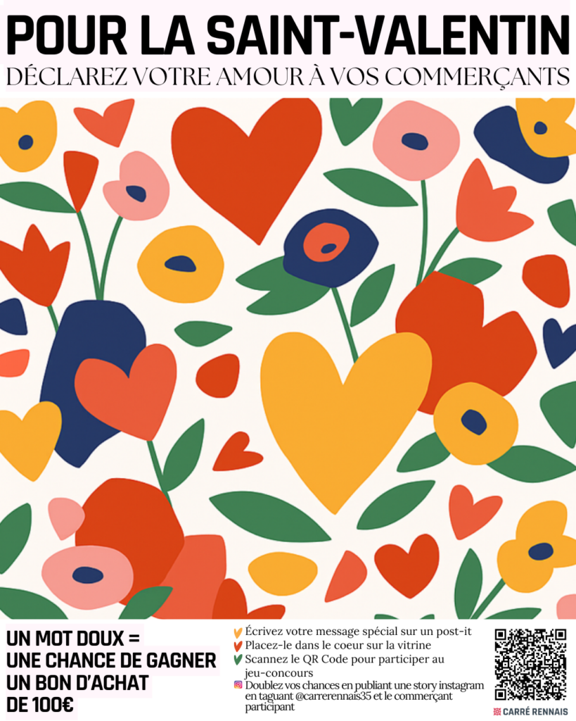 Vitrines de commerces à Rennes décorées de cœurs et de post-it pour la Saint-Valentin, invitant les clients à laisser un mot doux et participer à un jeu concours.